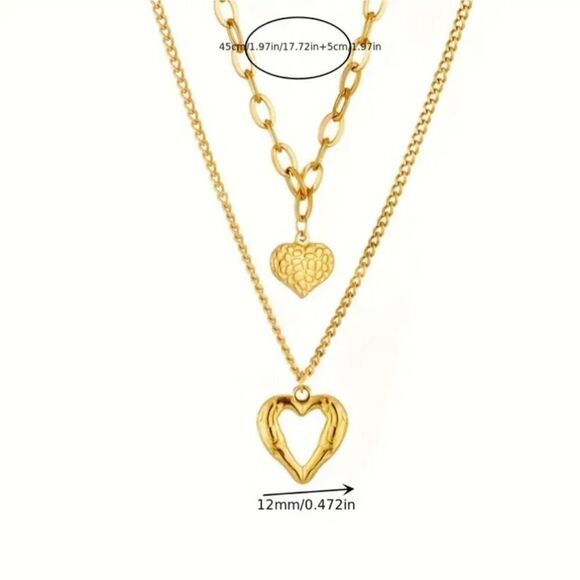 Set of 2 Heart Necklaces in Gold-Plated Stainless Steel With Irregular Folds - Picture 3 of 8